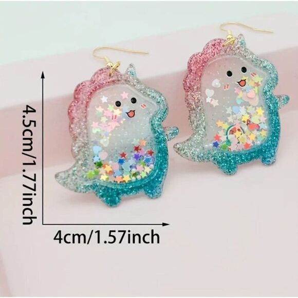 New! Adorable Dinocorn Quicksand Glitter Star Dangle Earrings! Dinosaur Unicorn - Picture 3 of 3